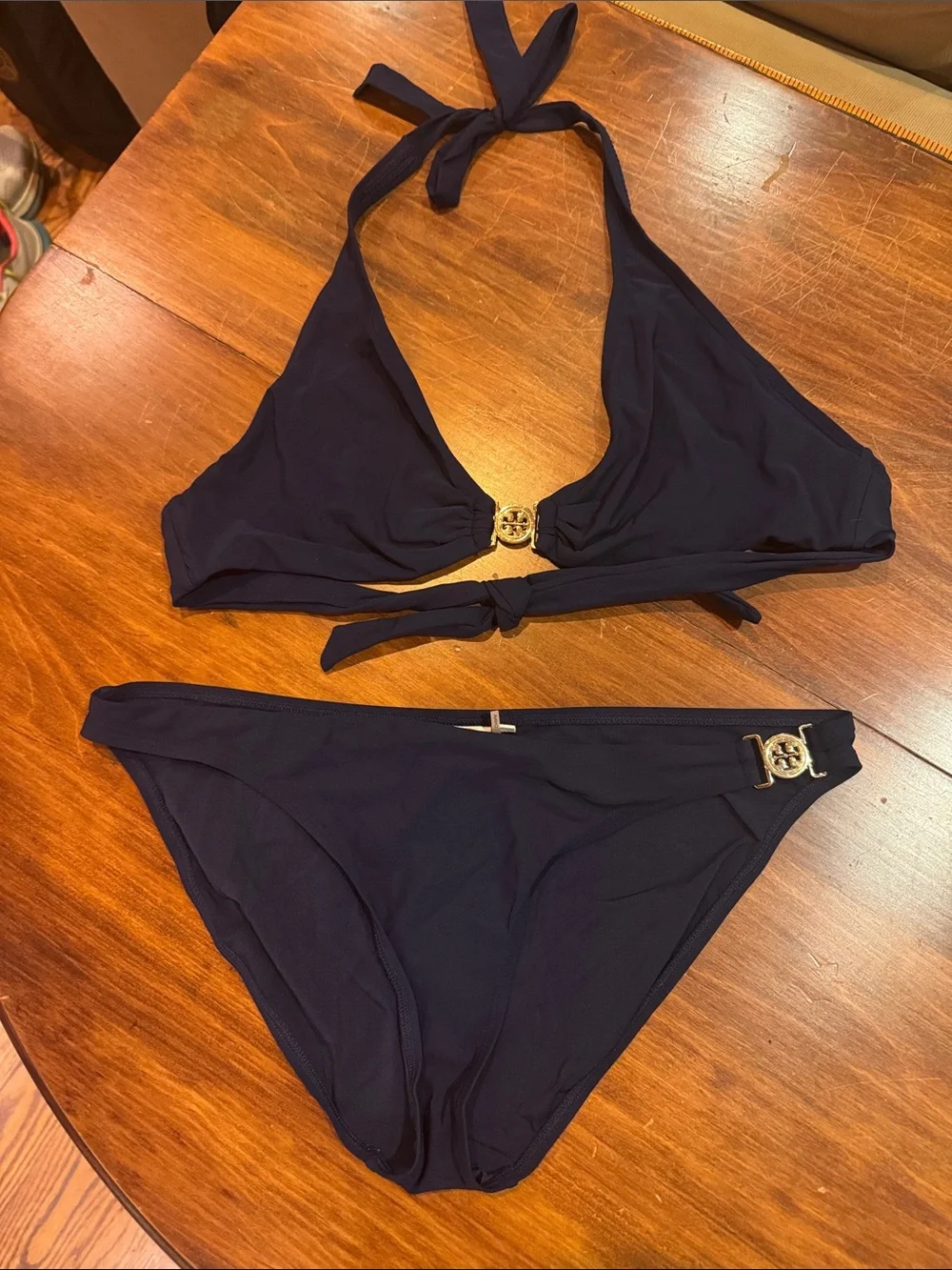 Tory Burch Miller Swimwear Two Piece Gold Logo Triangle Bikini M Navy Swimsuit